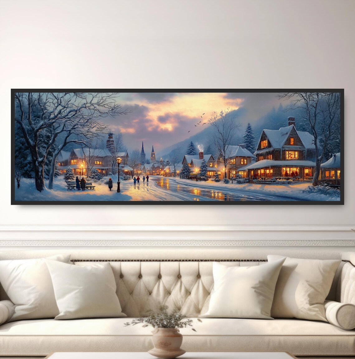 Snow Covered Town Church Spires Lamplight Dusk Winter Scene Poster