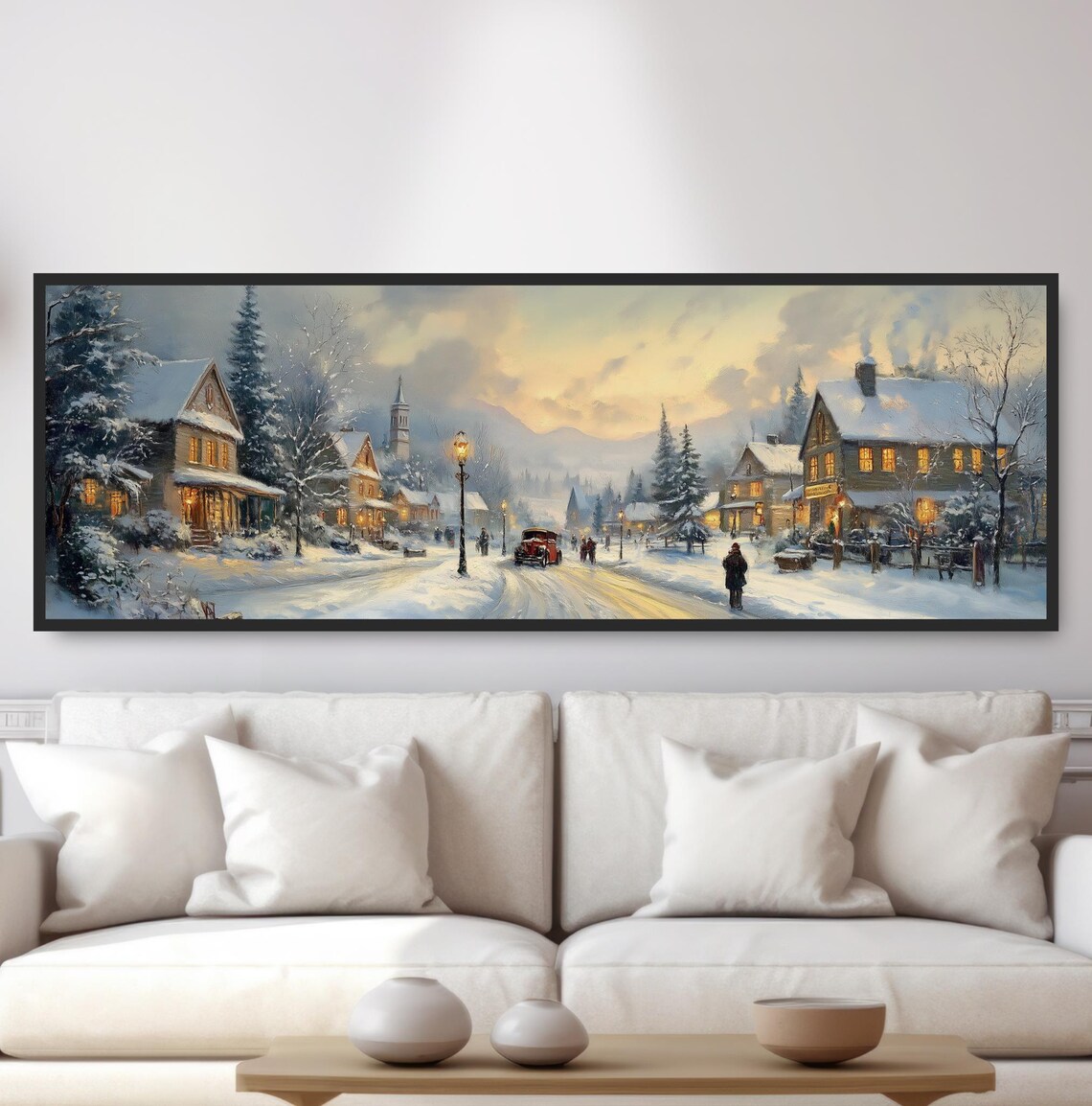 Snowy Village Street Winter Dusk Glowing Vintage Town Christmas Print
