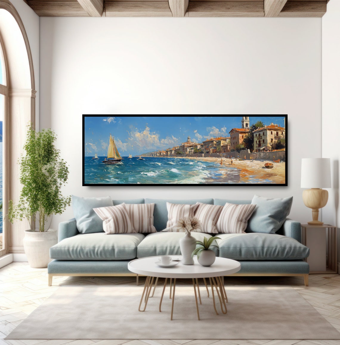 Seaside Village Sailboats Oil Painting Print Vintage Sailing Boats Wall Art Mediterranean French Riviera Seascape Blue Coastal Ocean Beach - Image 5