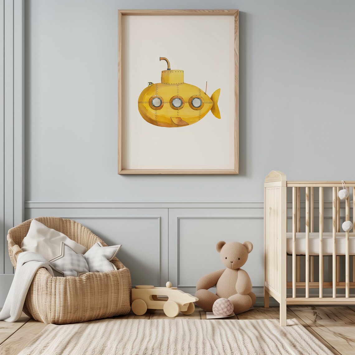 Cute Yellow Submarine Watercolor Nautical Kids Playroom Wall Art - Image 4
