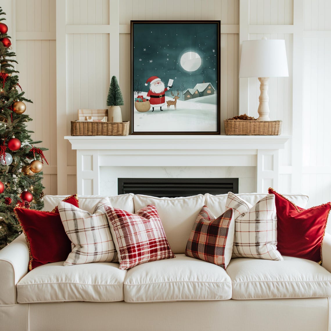 Santa Claus With Gift Sack and Reindeer Under the Full Moon Print - Image 3