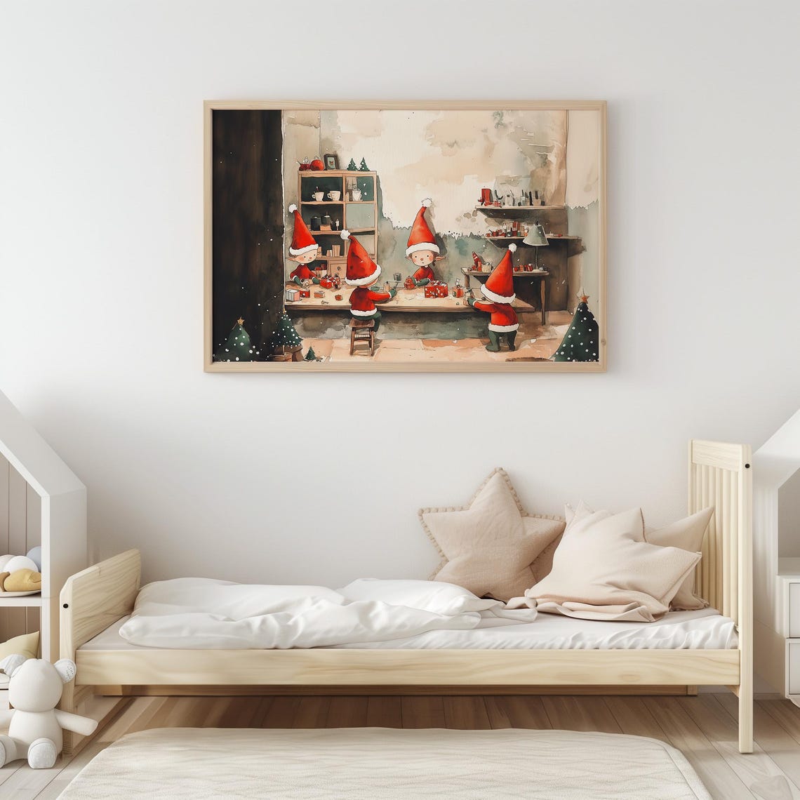 Santas Workshop Christmas Elves Wrapping Gifts Watercolor Poster - Image 3