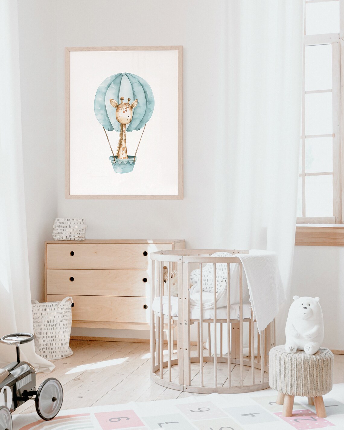 Giraffe Hot Air Balloon Blue Watercolor Baby Nursery Wall Art - Image 4
