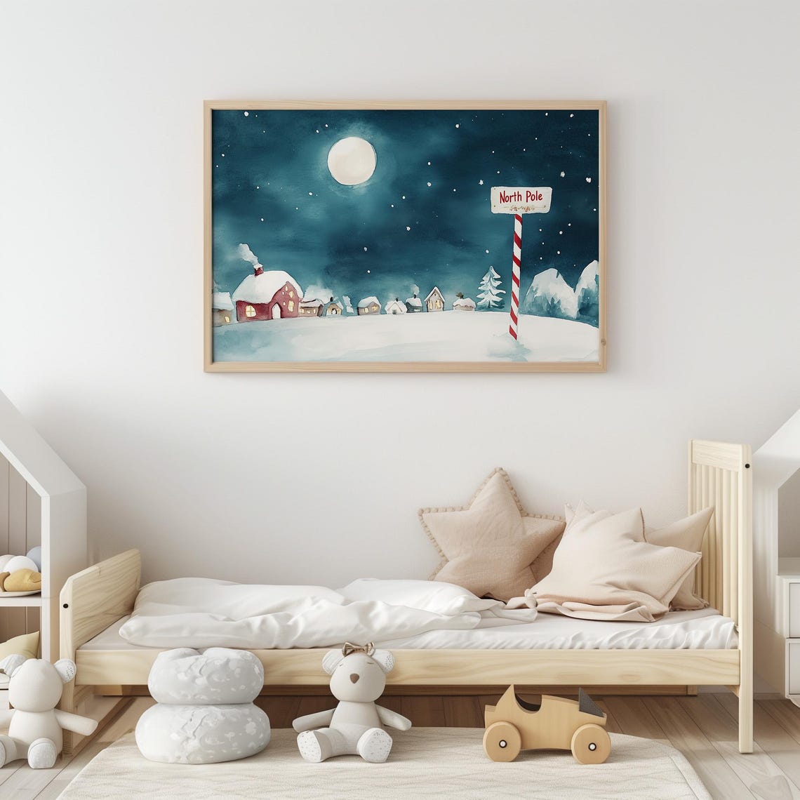 North Pole Sign Candy Cane Pole Snowy Village Night Watercolor Poster - Image 4