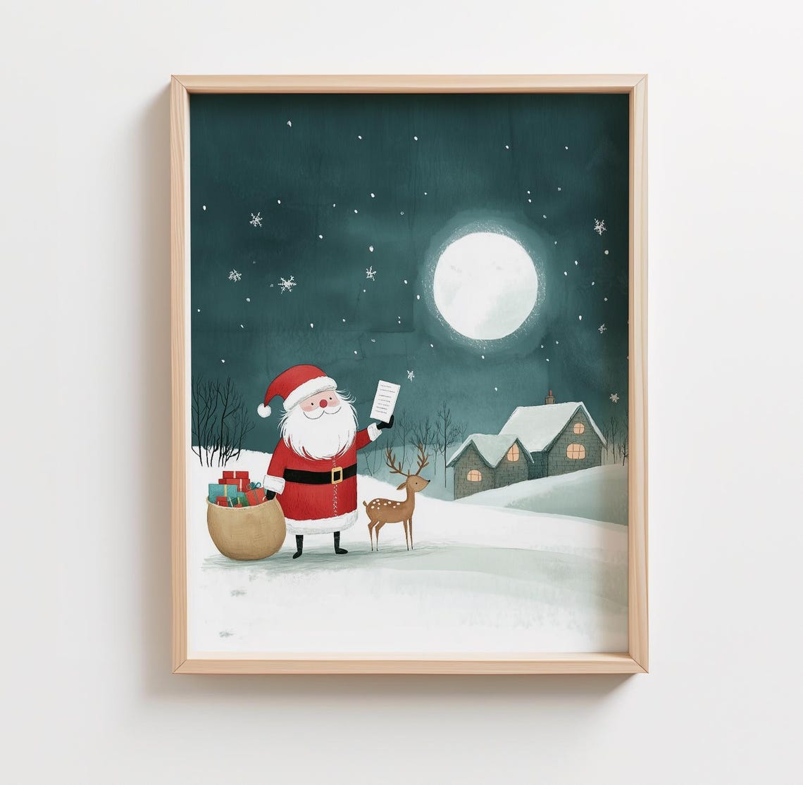Santa Claus With Gift Sack and Reindeer Under the Full Moon Print