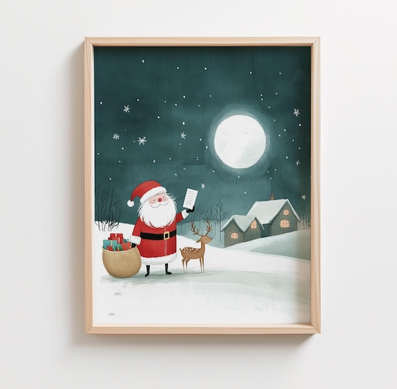 Santa Claus With Gift Sack and Reindeer Under the Full Moon Print