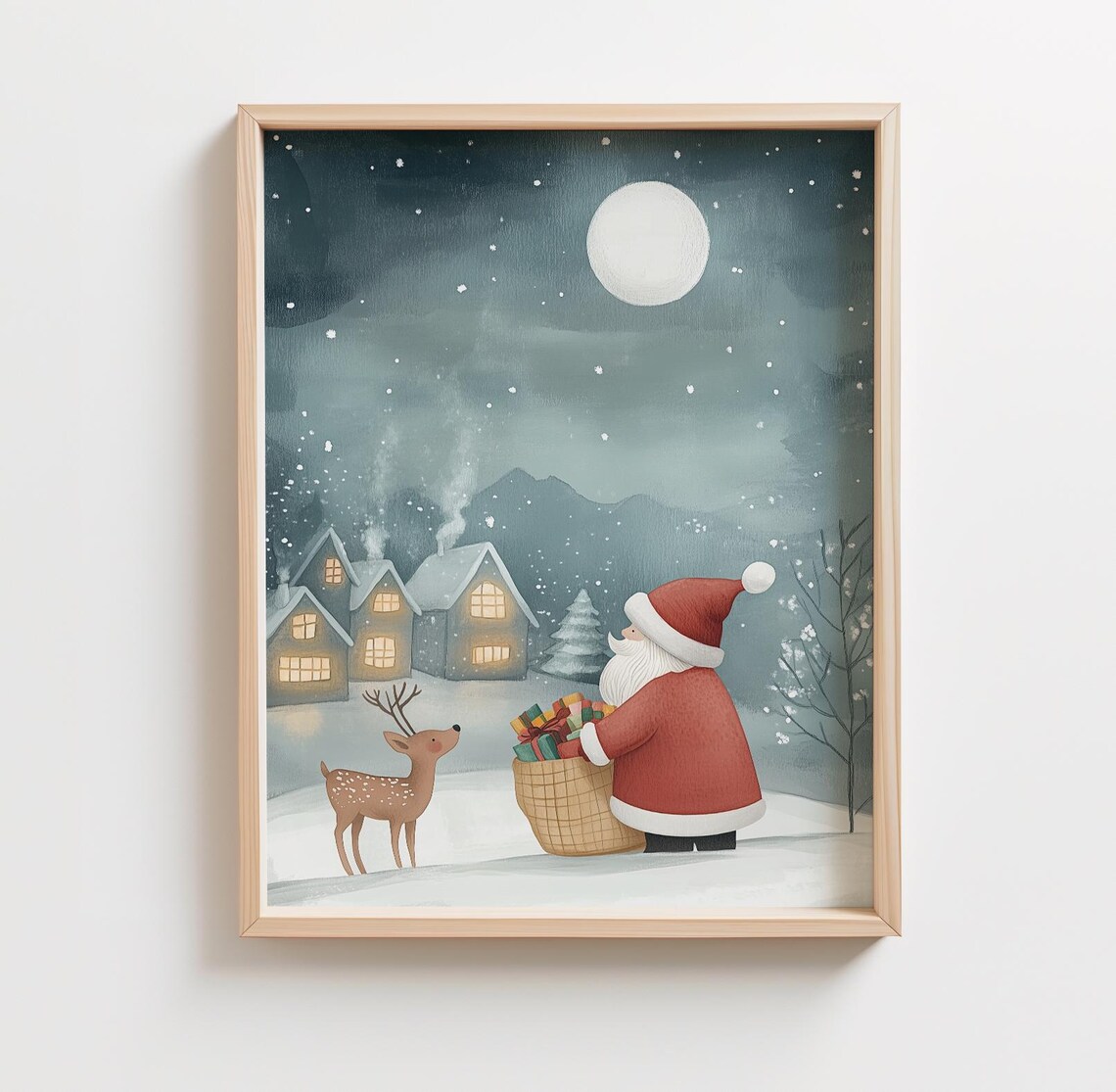 Santa Claus Reindeer Moonlit Village Watercolor Christmas Poster