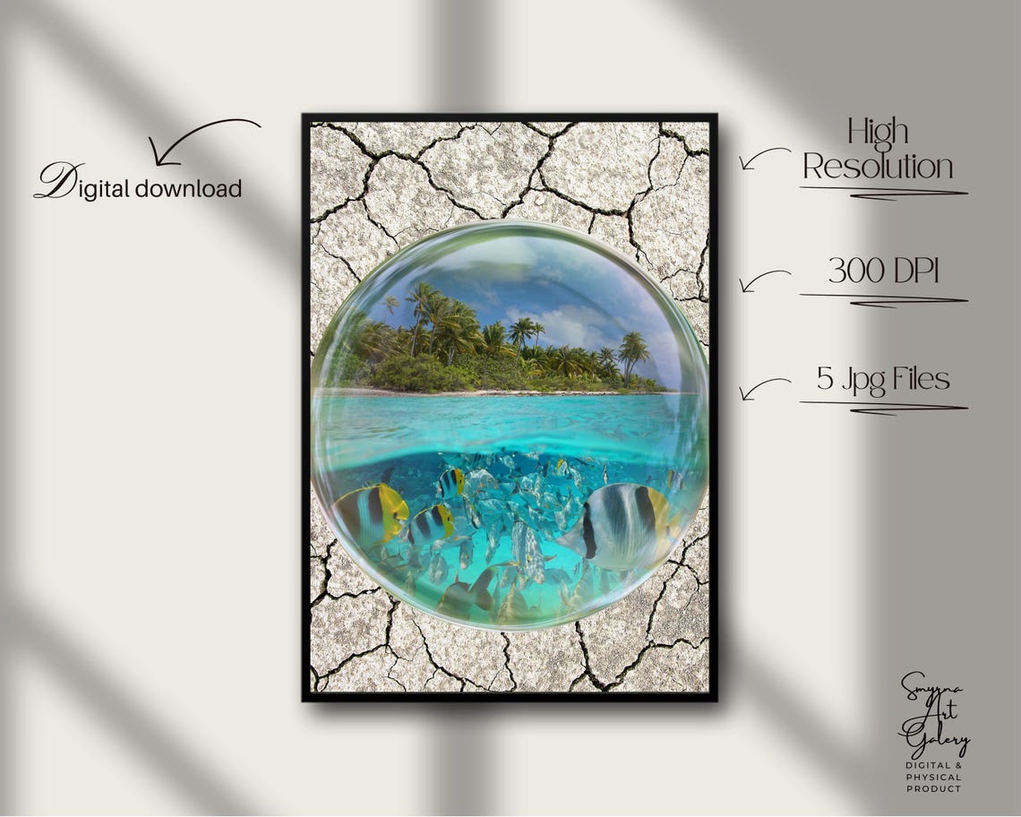 Tropical Island Ocean Bubble Underwater Fish Surreal Nature Poster