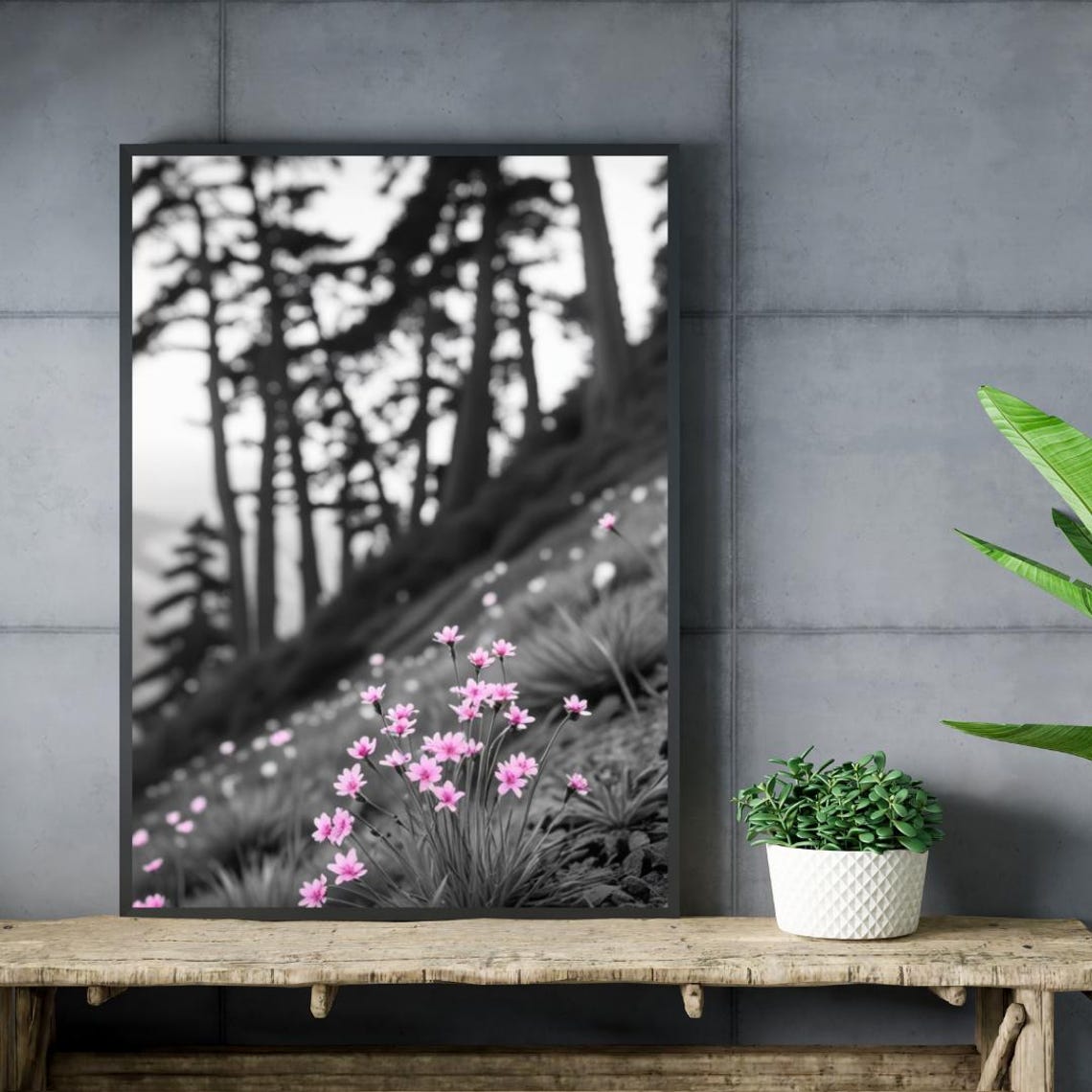 Pink Wildflowers Selective Color Black White Moody Forest Photo Poster