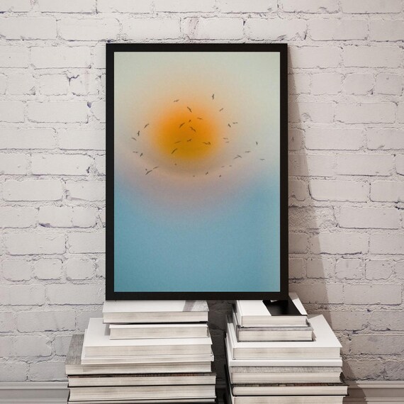 Sun And Birds Abstract Wall Artminimal Poster For Home Or Office Blue Orange Gradient Landscape Artwork Dance