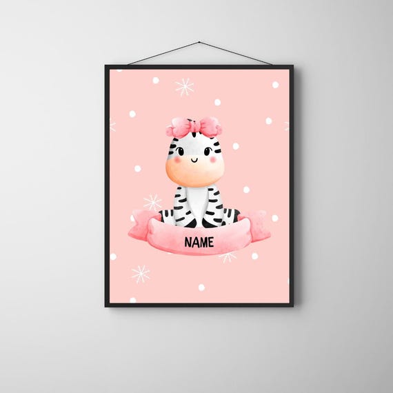 Custom Zebra Girl Nursery Poster Personalized Name Wall Art For Baby Room Pink Safari Animal Kids Decor