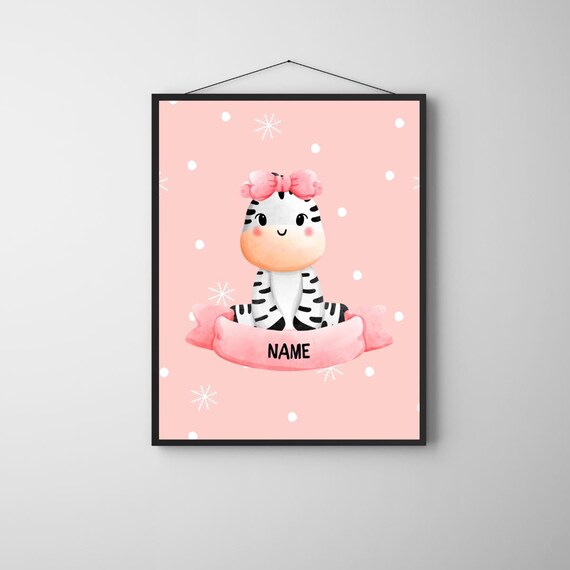 Personalized Pink Zebra Nursery Poster Custom Name Bow Safari Girl Art