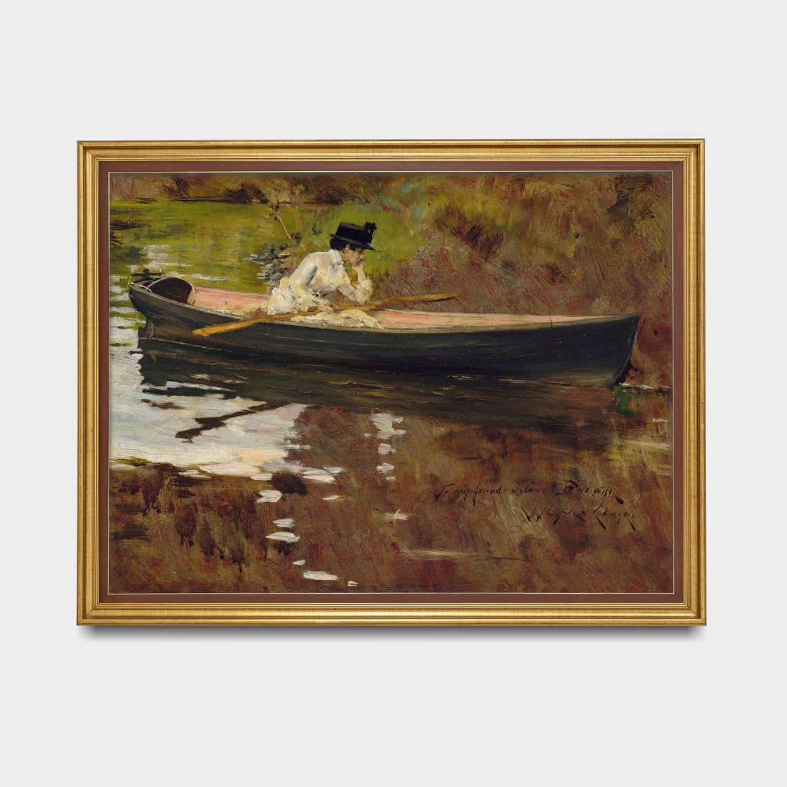 Mailed Print Vintage Portrait Painting Woman In Boat Antique Woman Portrait Print And Ship Moody Rustic Print 18th Century Art - Image 3
