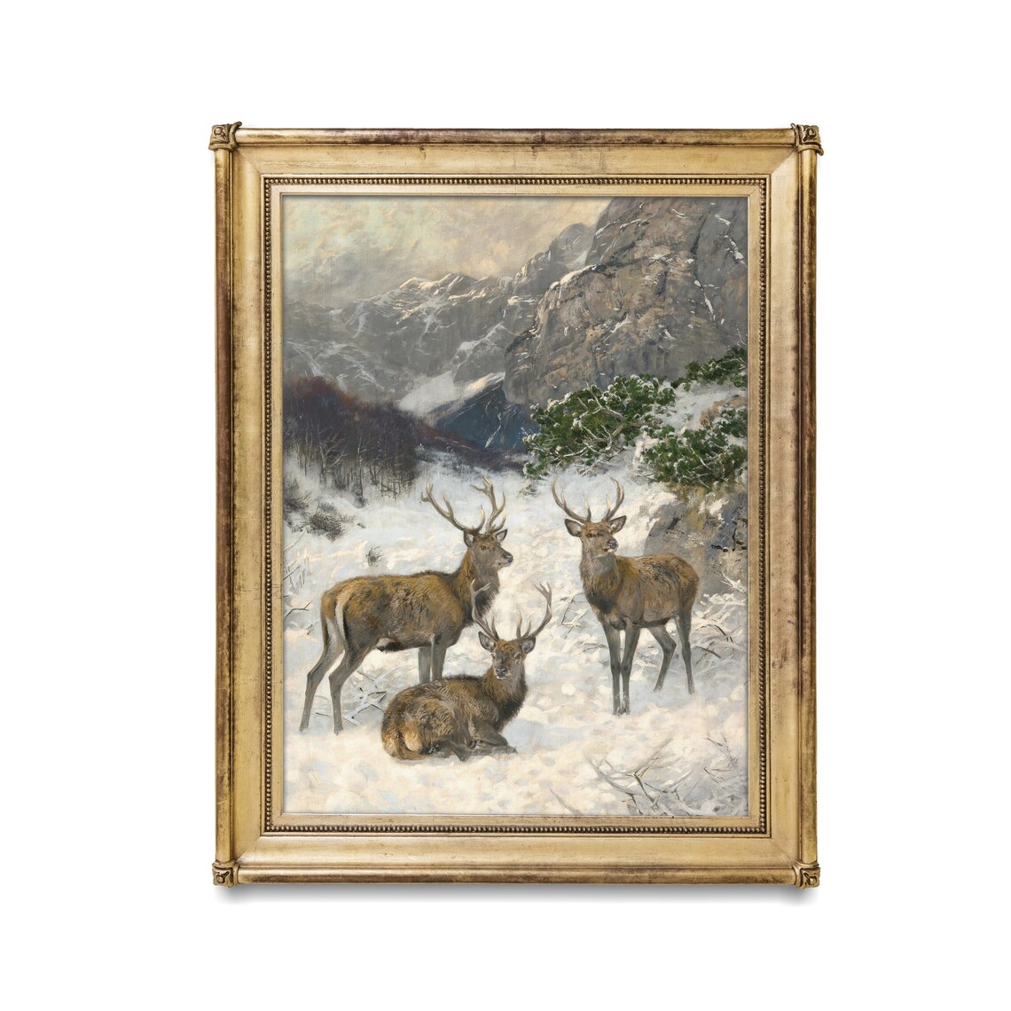 Three Stags in a Snowy Mountain Valley Vintage Wildlife Art Poster - Image 2