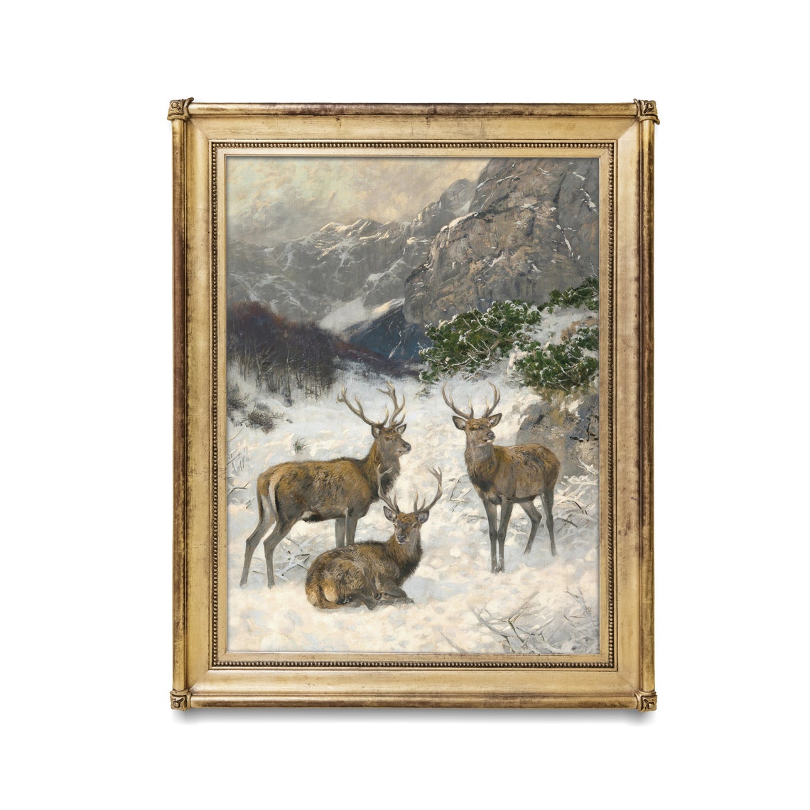 Three Stags in Deep Snow Beneath Alpine Cliffs Winter Wildlife Poster - Image 2