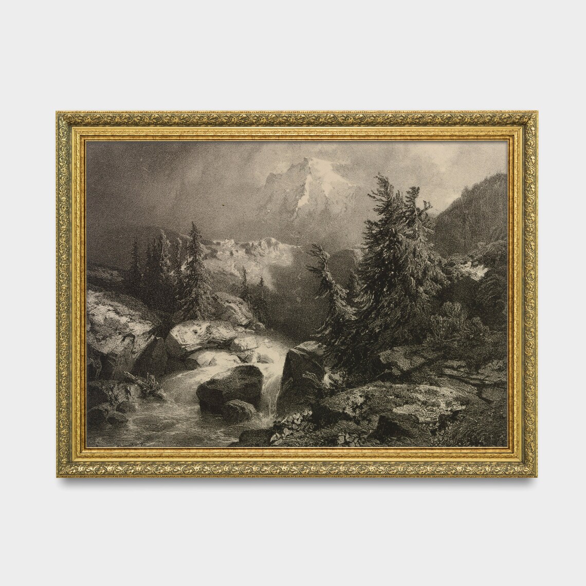 Sepia Mountain Waterfall Pines Antique Engraving Landscape Poster - Image 2