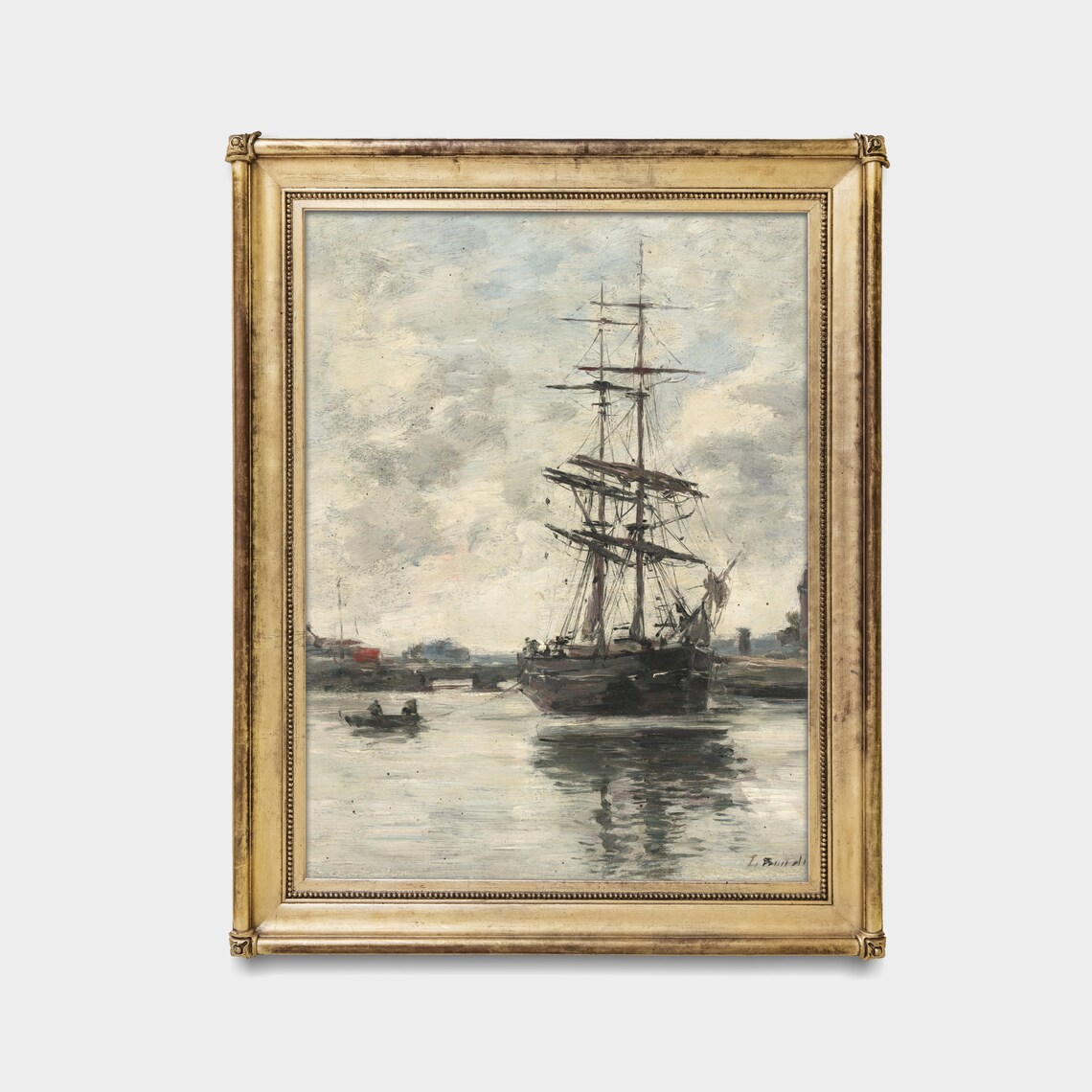 Tall Masted Ship Moored In A Quiet Harbor Antique Nautical Art Poster - Image 4