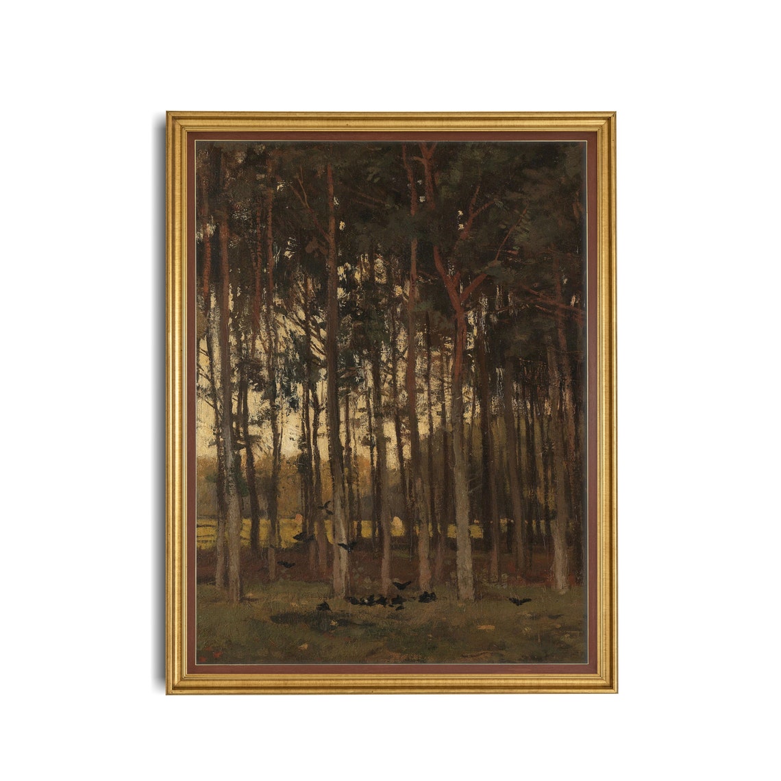 Dark Pine Forest at Dusk with Crows on the Shadowed Ground Poster - Image 3