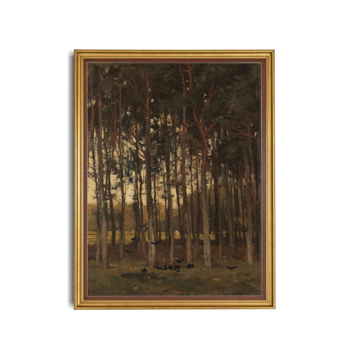 Dark Pine Wood with Birds at Dusk Antique Forest Painting Poster - Image 3