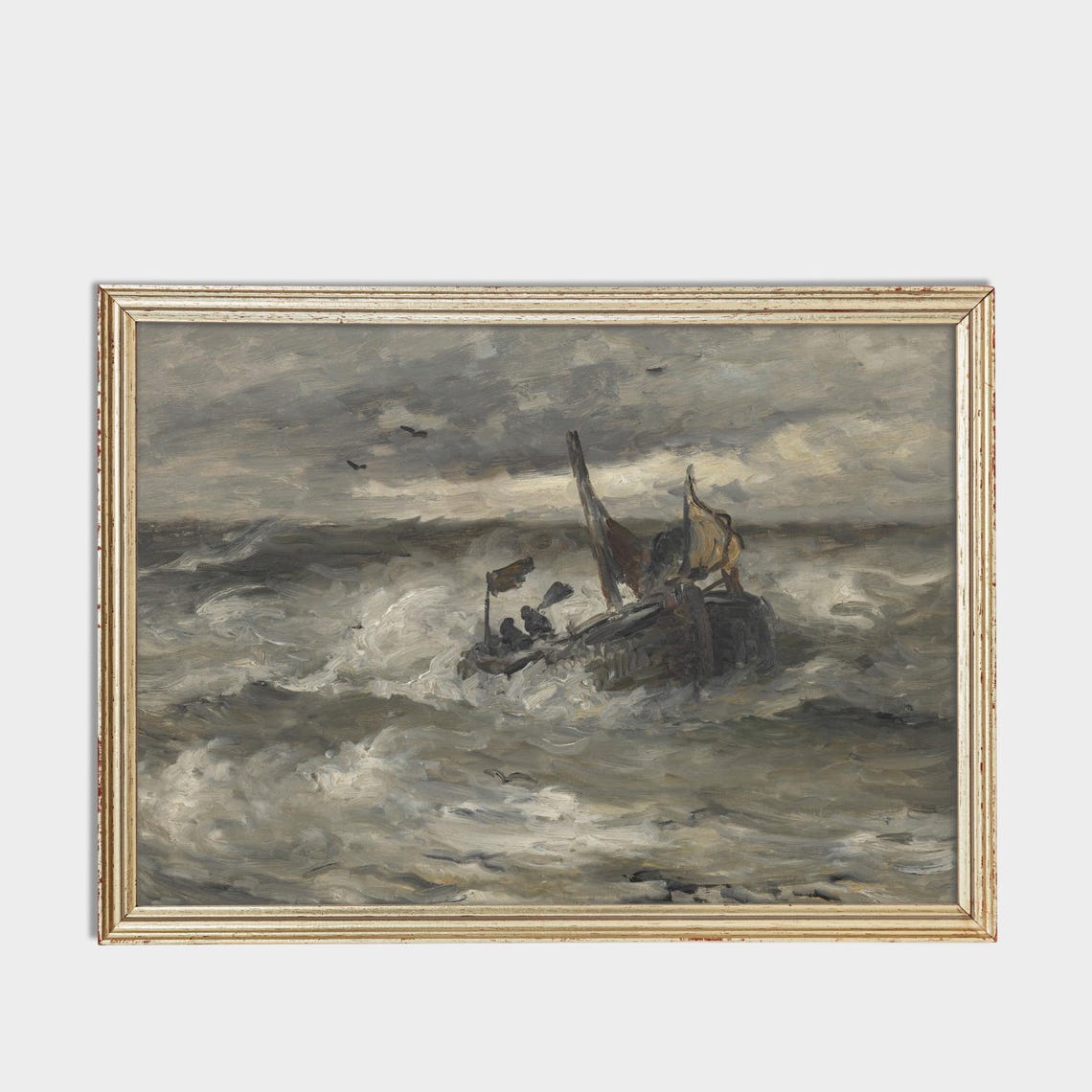 Sailboat Battling Stormy Waves Dramatic Vintage Seascape Art Poster - Image 3