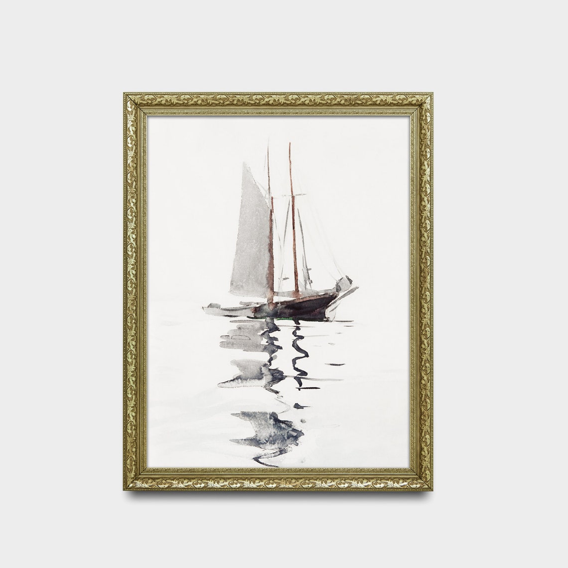 Lone Sailboat Reflection Minimalist Watercolor Painting Poster - Image 2