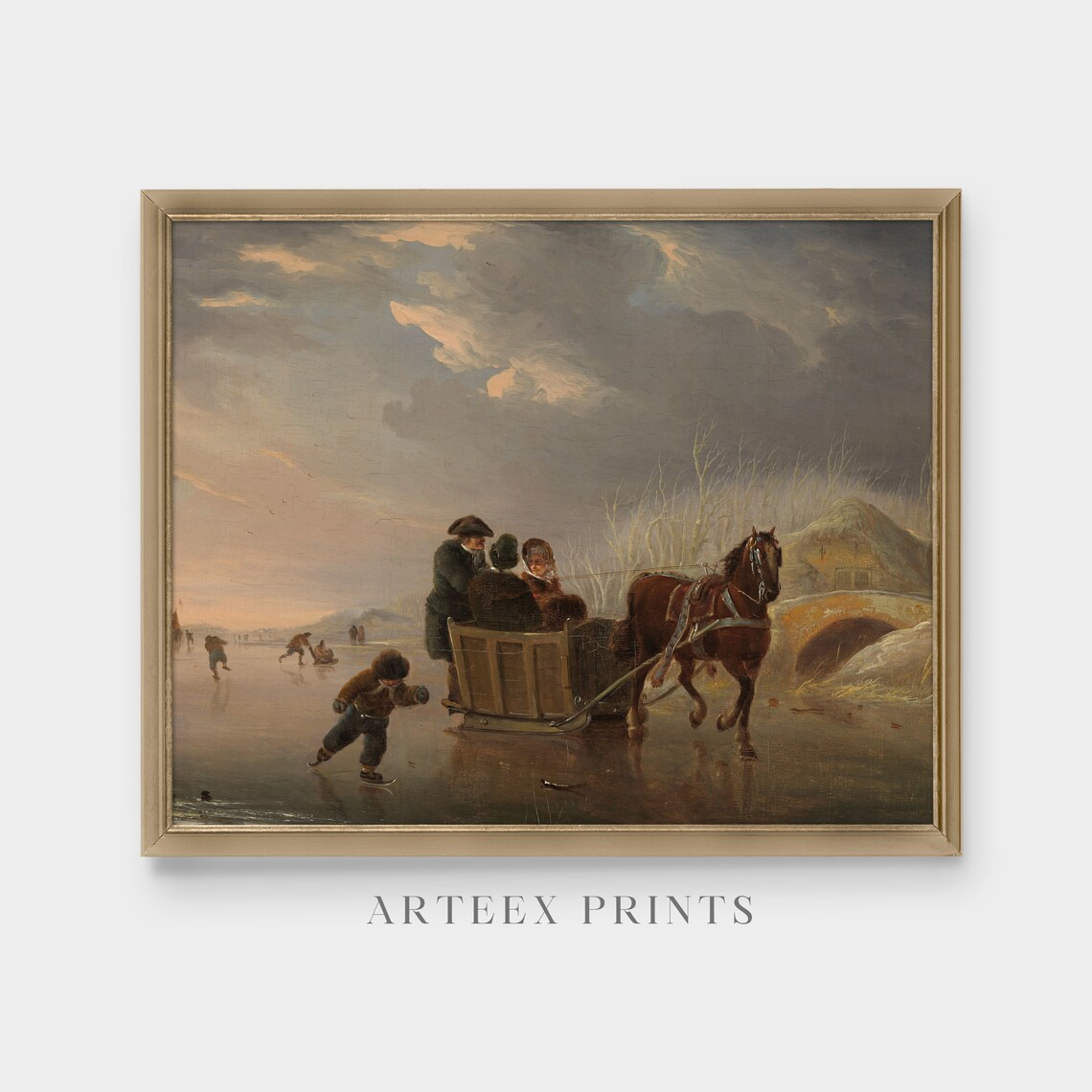 Horse Sleigh and Skaters on a Frozen River at Dusk Romantic Poster - Image 3