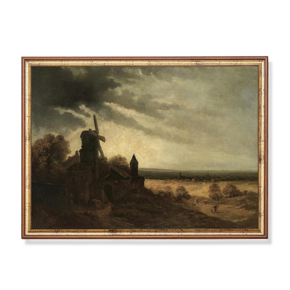 Moonlit Windmill Dark Moody Landscape Stormy Night Vintage Art Poster