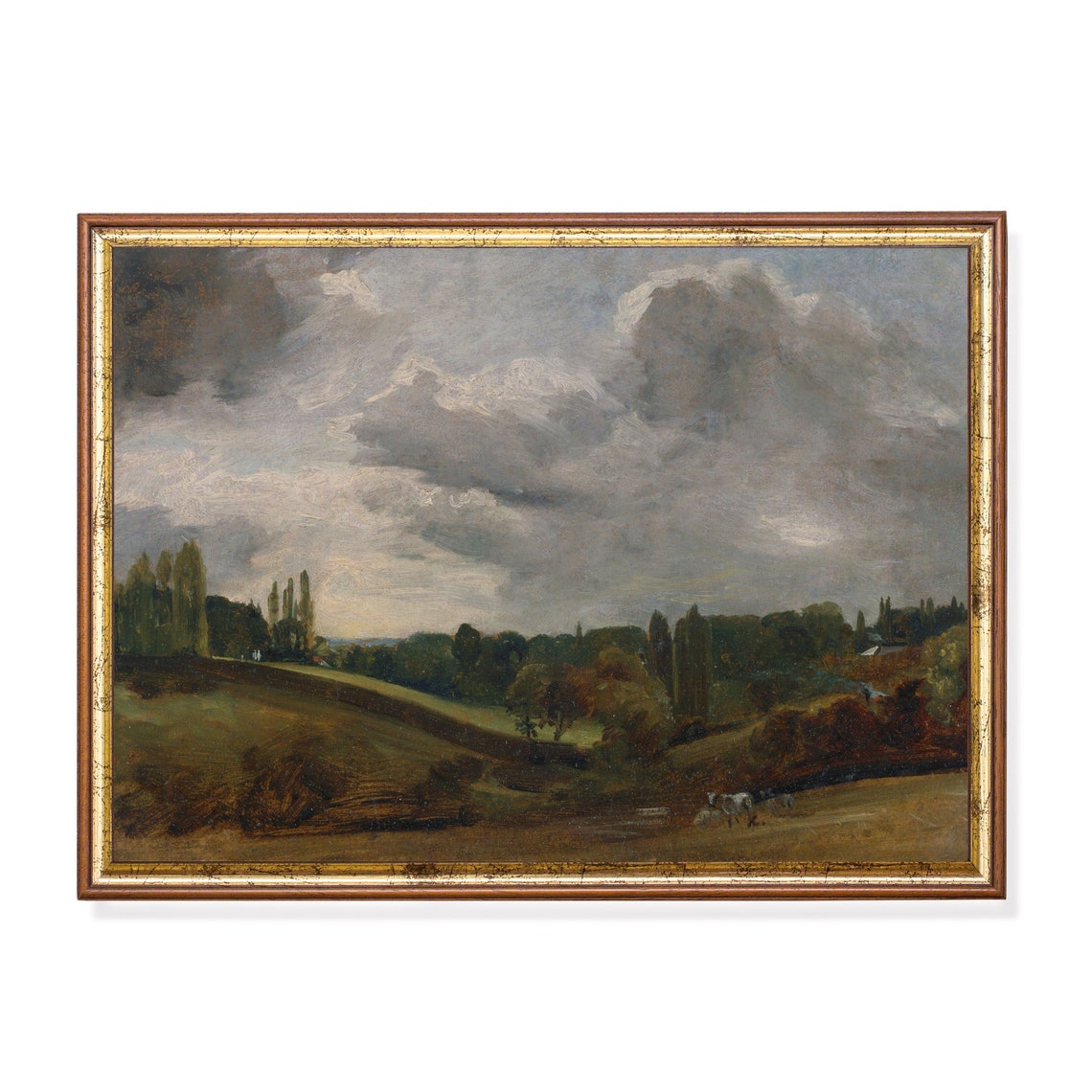 Dramatic Cloudy Sky over Tree-Lined Meadow Vintage Landscape Poster