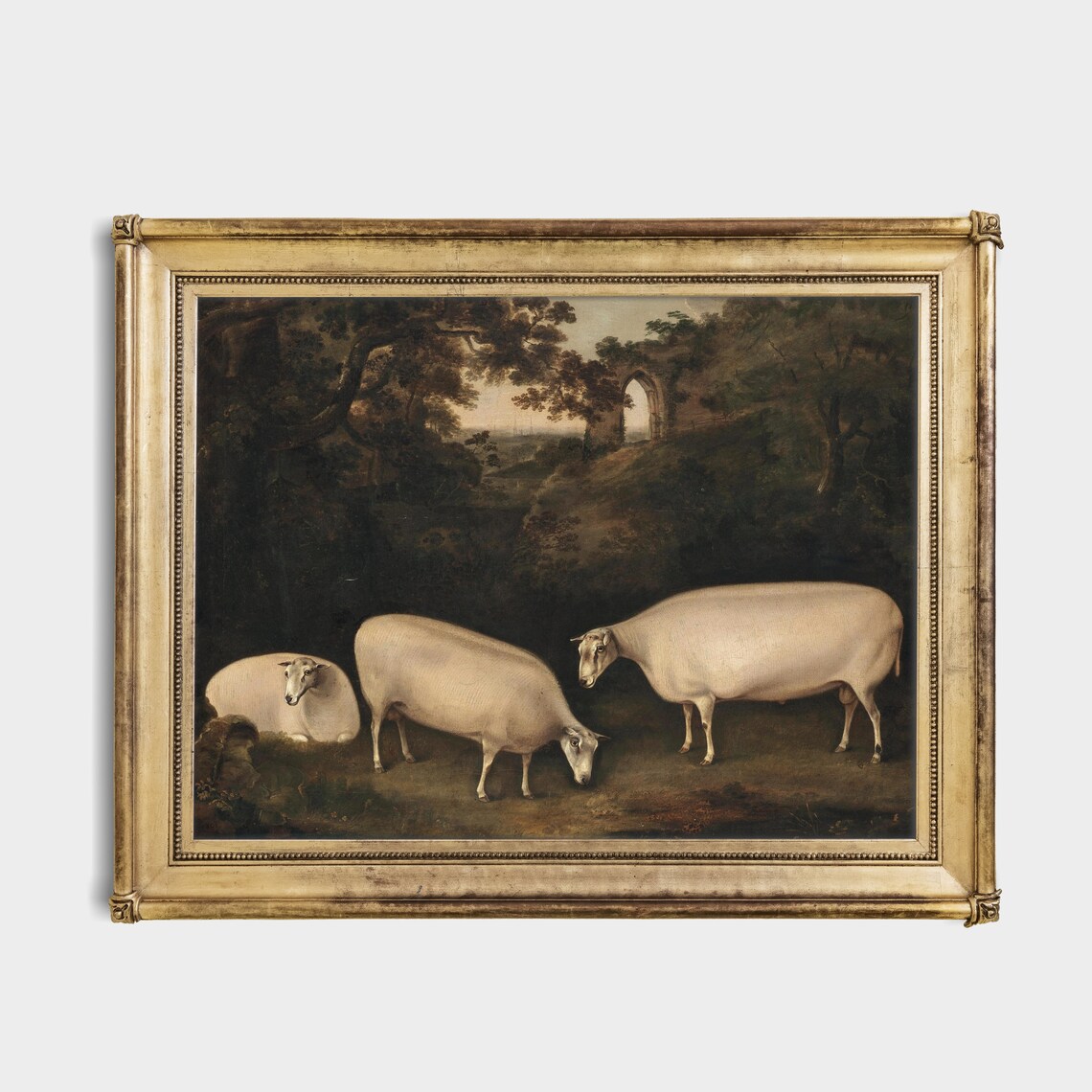 Three Sheep Grazing by Ruined Abbey Moody Antique Animal Art Print - Image 4