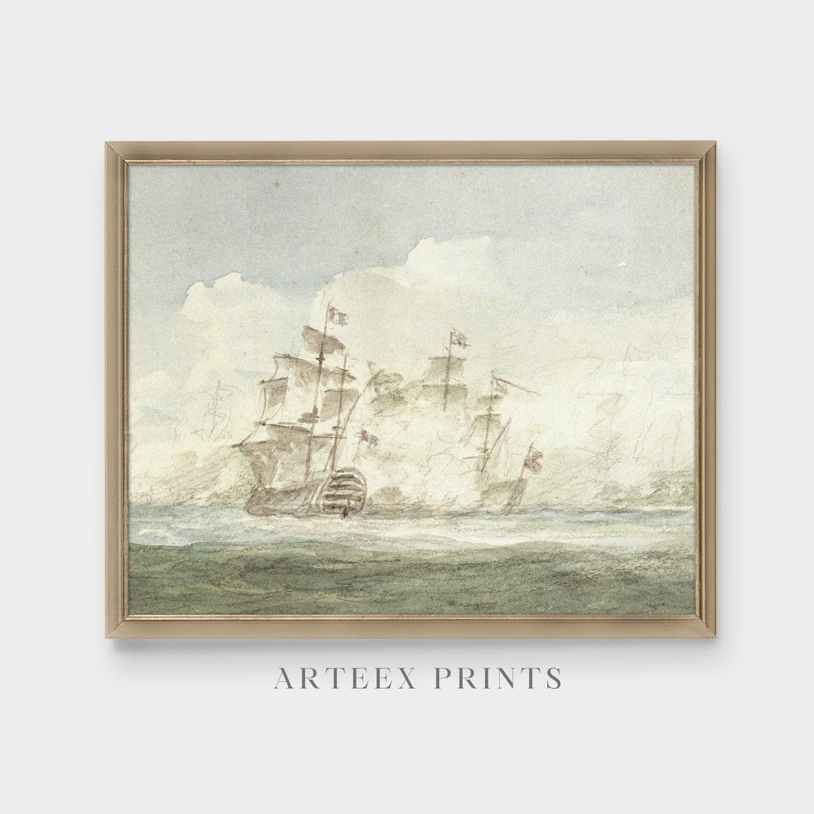 Vintage Seascape Painting Antique Sailing Ship Fine Print Muted Ocean Beach Wall Art Nautical Decor - Image 4