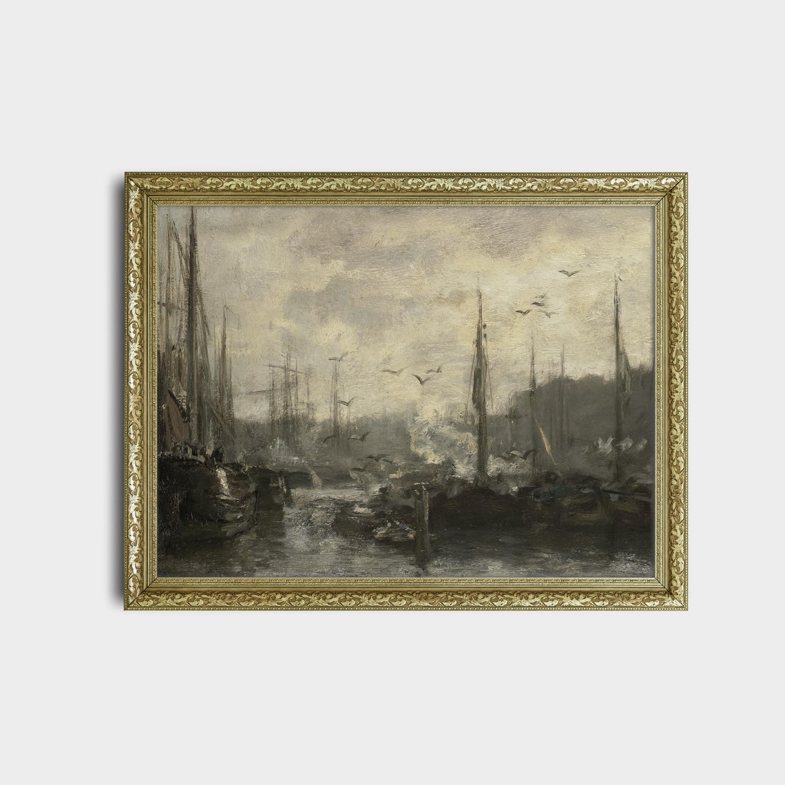 Vintage Harbour Painting Antique Coastal Print Moody Rustic Sailing Boat Art Nautical Decor Wall Art - Image 2