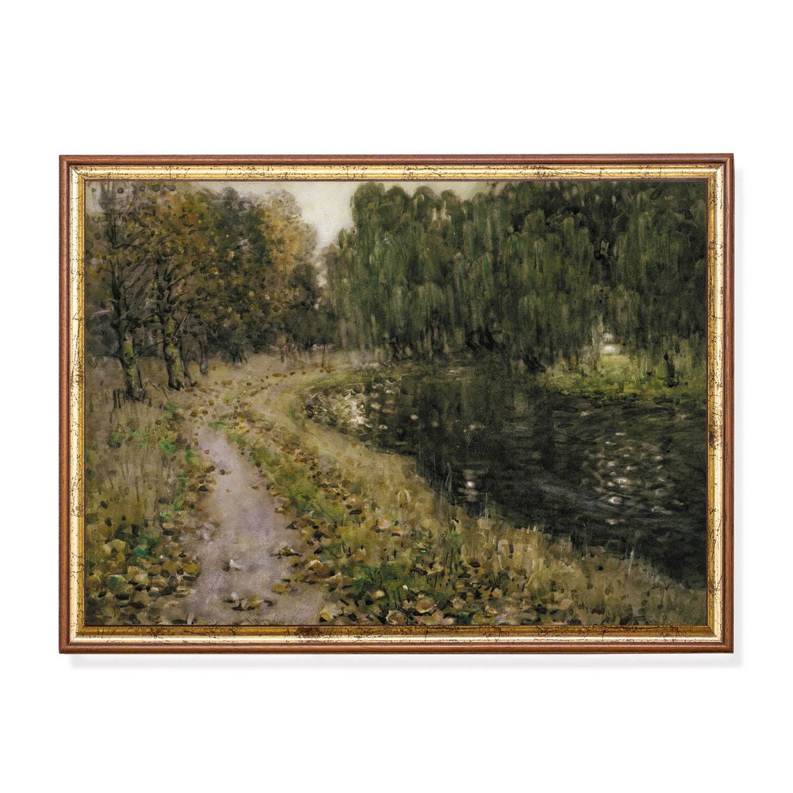 Autumn Woodland Path Along a Willow Lined Stream Scenic Wall Art