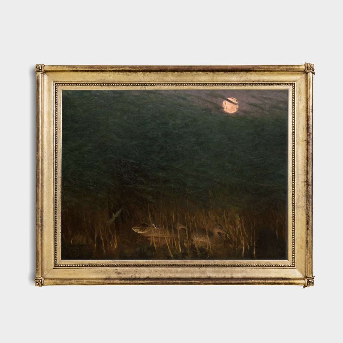 Wild Ducks Among Moonlit Reeds on a Dark Lake Vintage Painting Poster - Image 4