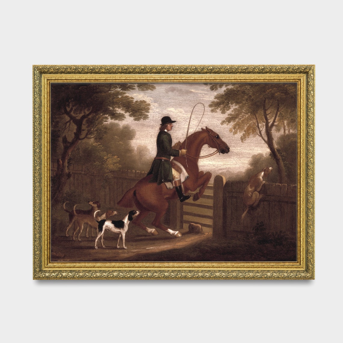 Vintage Huntsman on Horseback With Hounds Jumping a Fence Poster - Image 3