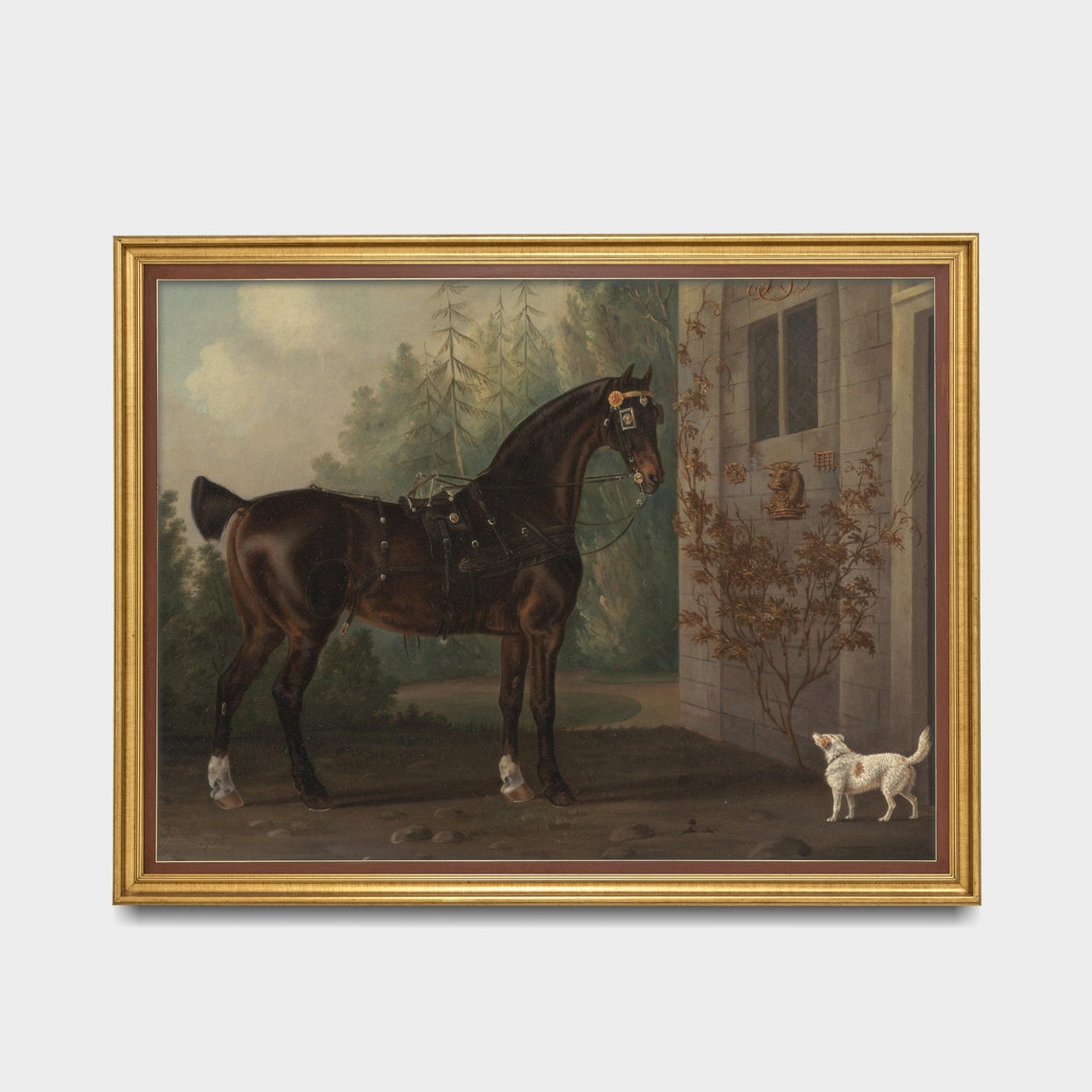 Harnessed Hunter Horse with Terrier Dog Antique Equestrian Poster - Image 3
