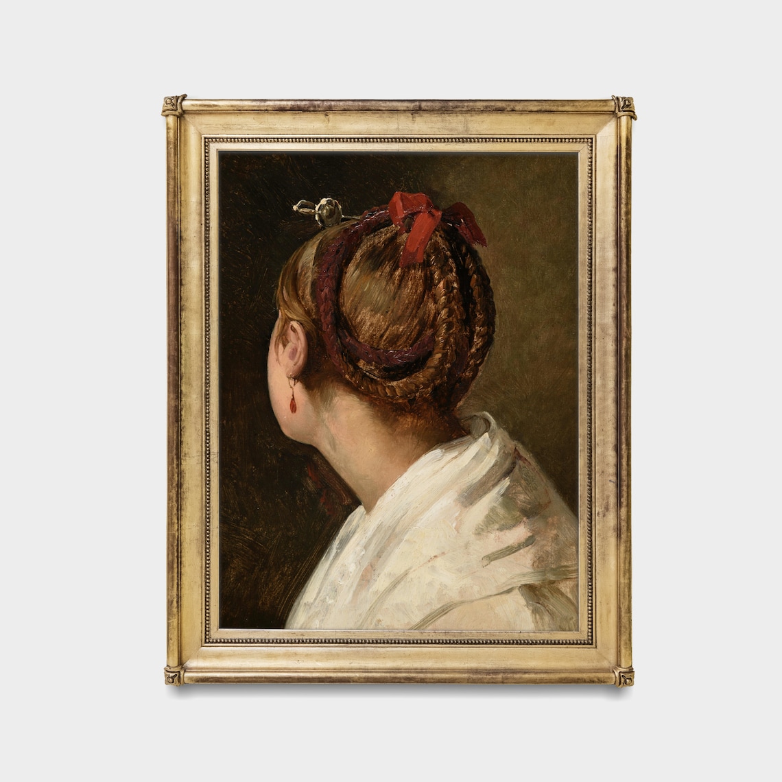 Back View of a Woman With Braided Hair and Red Ribbon Portrait Poster - Image 2