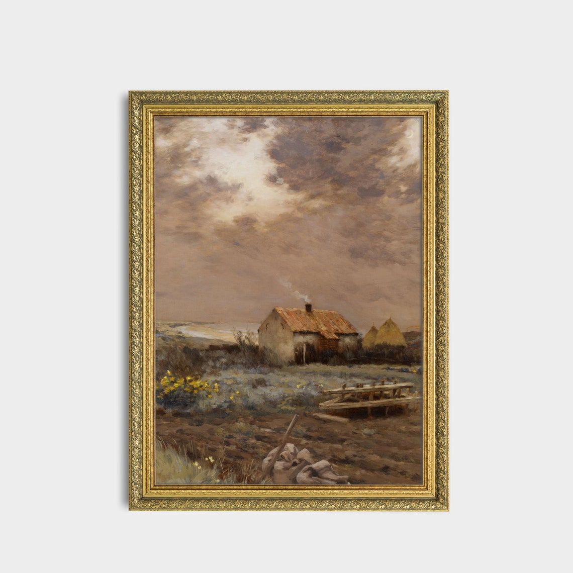 Farmhouse Under Stormy Sky Moody Rustic Countryside Painting Poster - Image 3