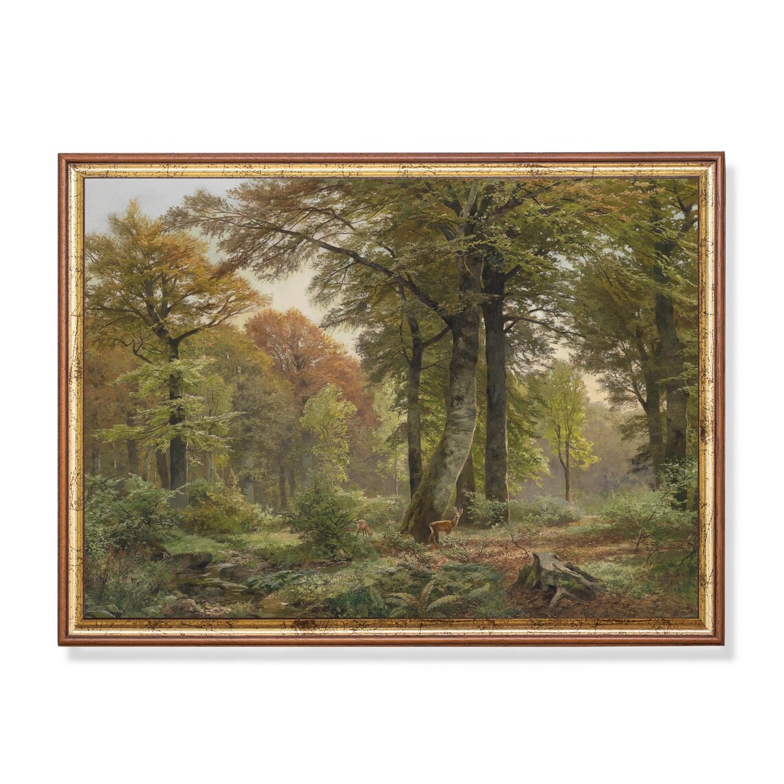 Deer in an Autumn Beech Forest Vintage Landscape Painting Poster