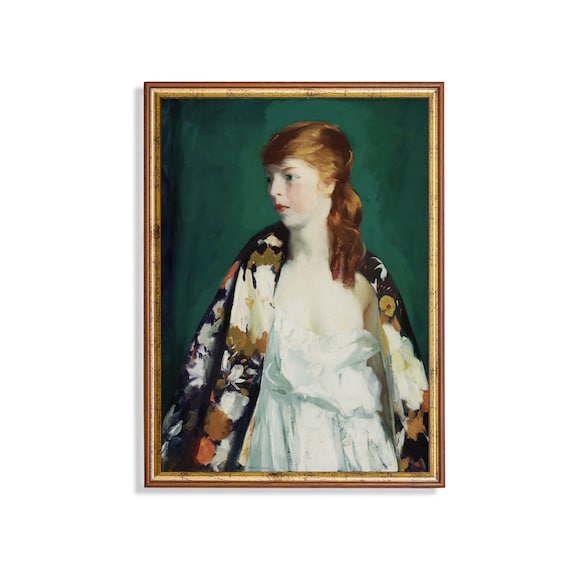 Red Haired Woman in White Dress with a Floral Kimono Wall Art