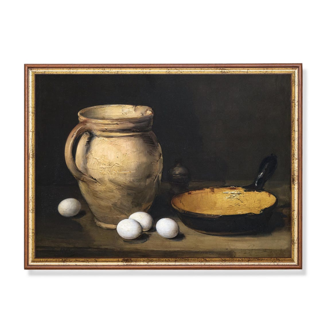 Rustic Old Master Still Life Jug Eggs And Skillet Dark Kitchen Poster