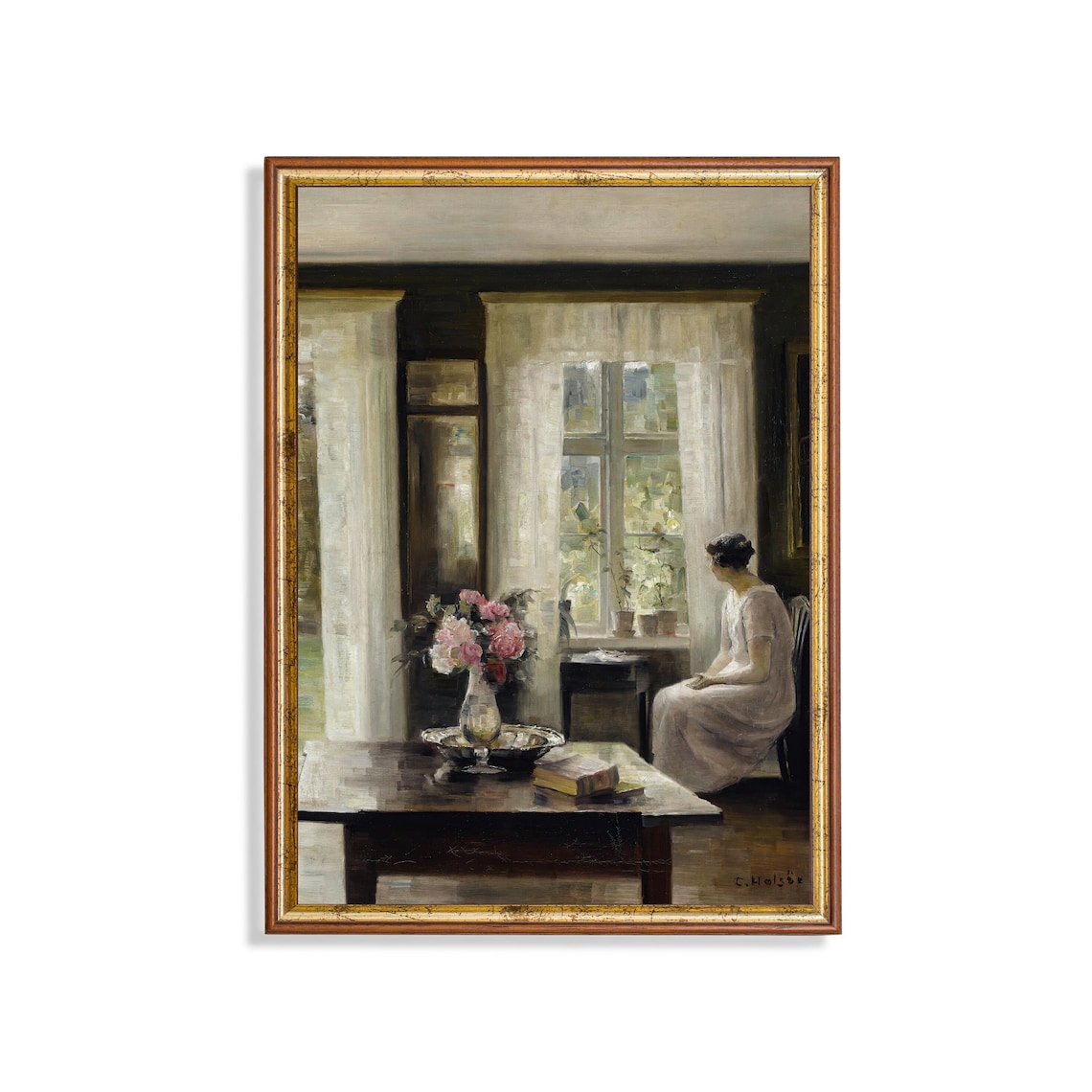 Woman Seated Beside a Sunlit Tall Window with Pink Roses Poster