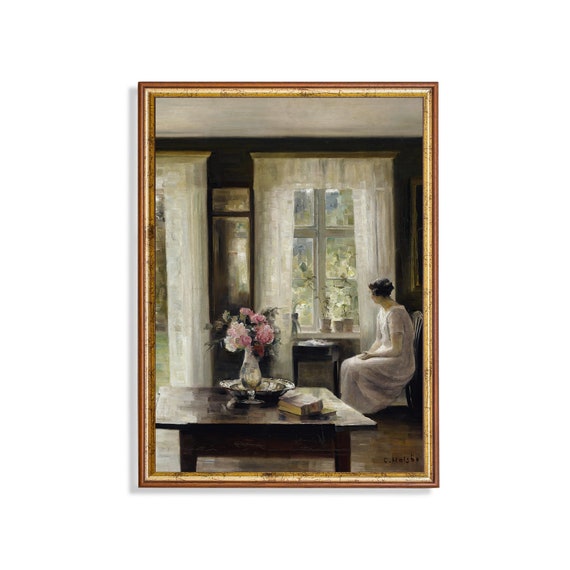 Mailed Print Vintage Portrait Painting Antique Woman Portrait Danish Interior Print Print And Ship Moody Rustic Painting