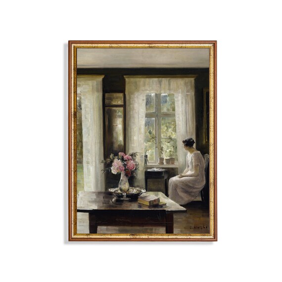 Woman Seated Beside a Sunlit Tall Window with Pink Roses Poster