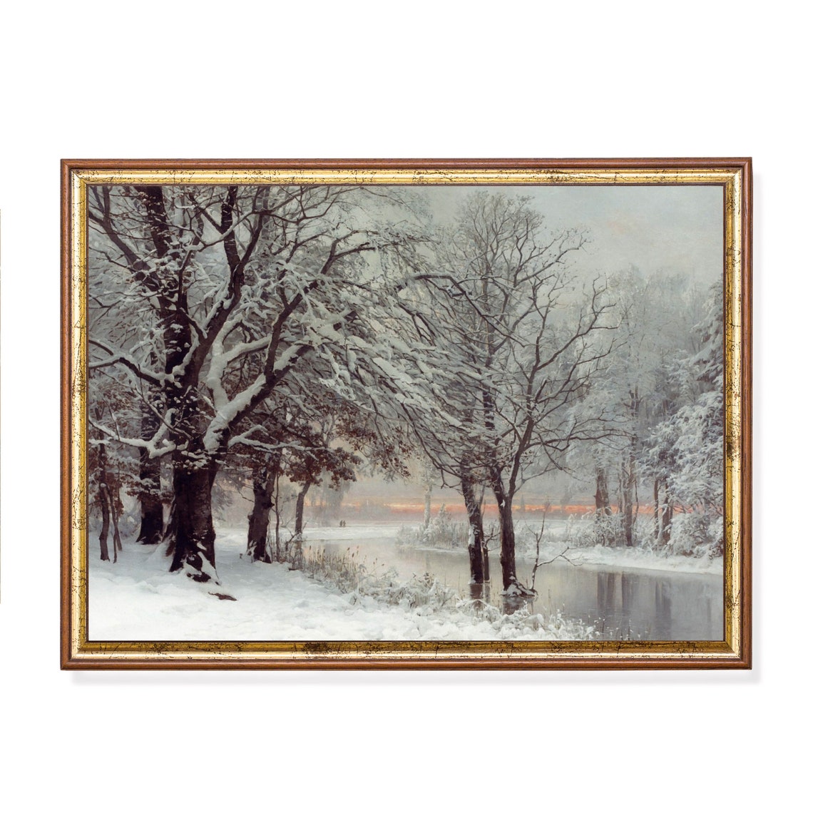 Snowy Riverside Trees at Sunset Winter Twilight Calm Scene Poster