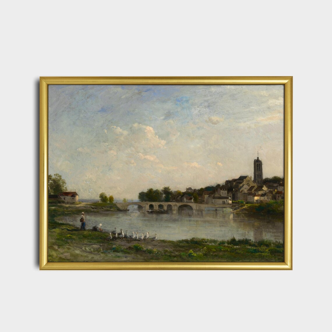 Antique Village River Scene with Bridge Church and Geese Poster - Image 2