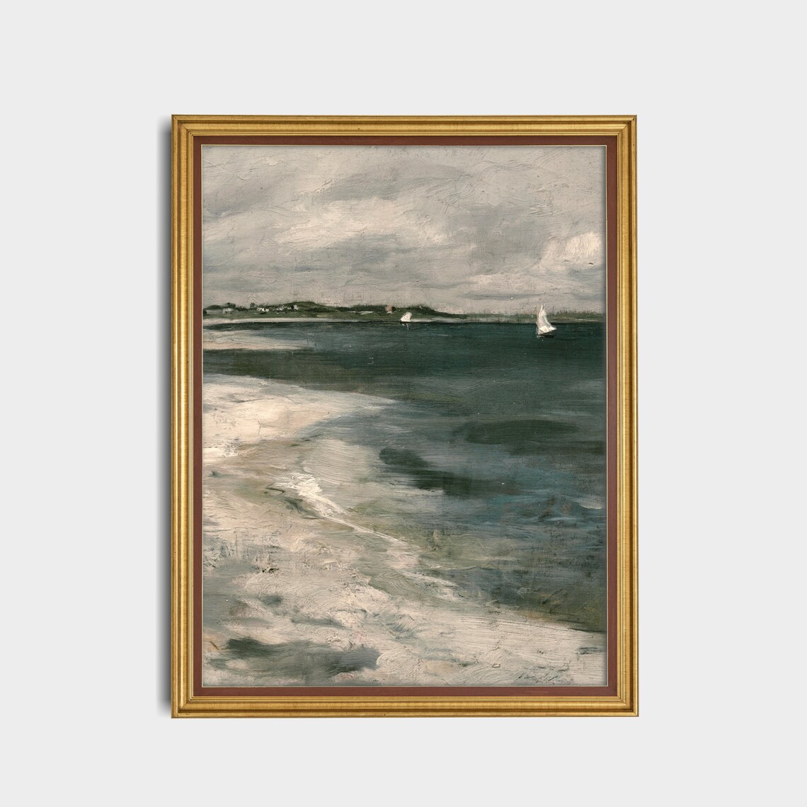 White Sailboats on a Gray Overcast Sea Coastal Painting Poster - Image 5