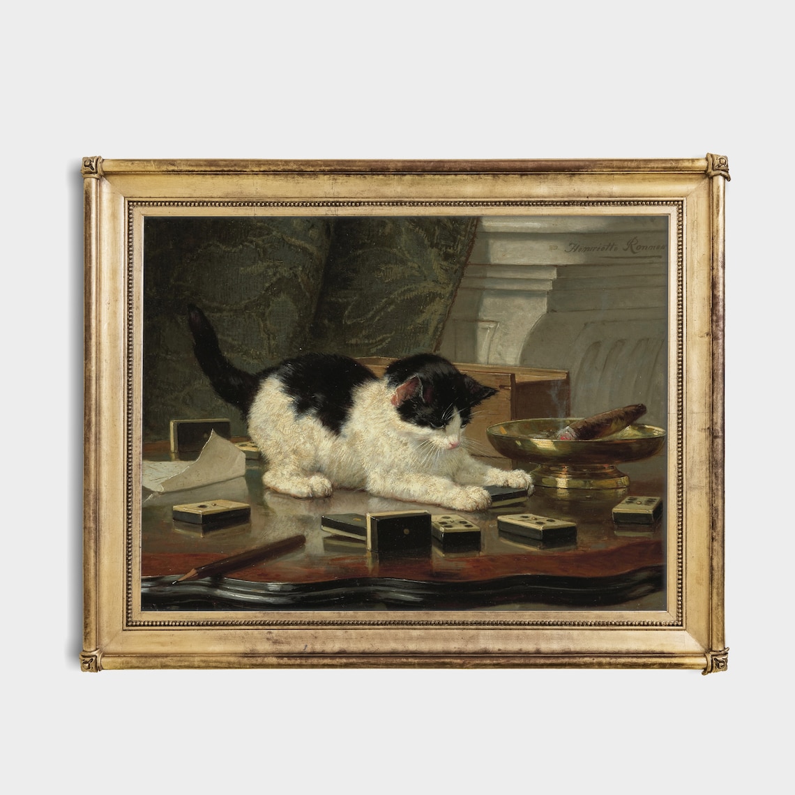 Black and White Kitten Playing Dominoes on a Desk Vintage Cat Poster - Image 2