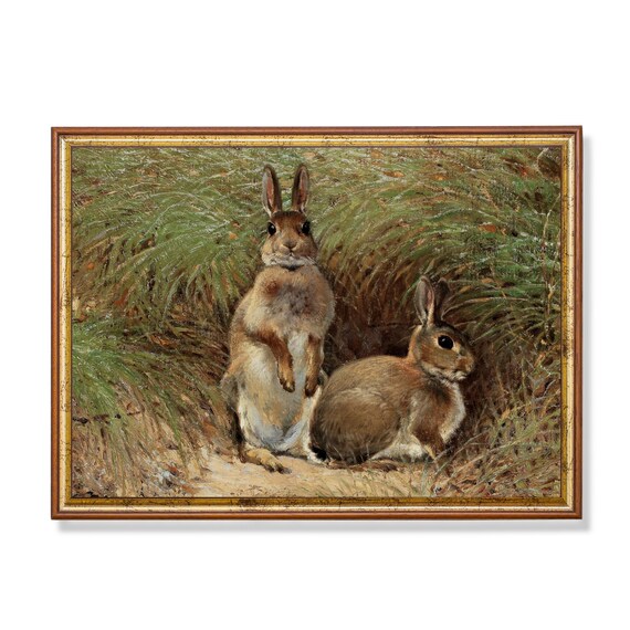 Two Rabbits by a Burrow in Tall Grass Antique Animal Art Poster
