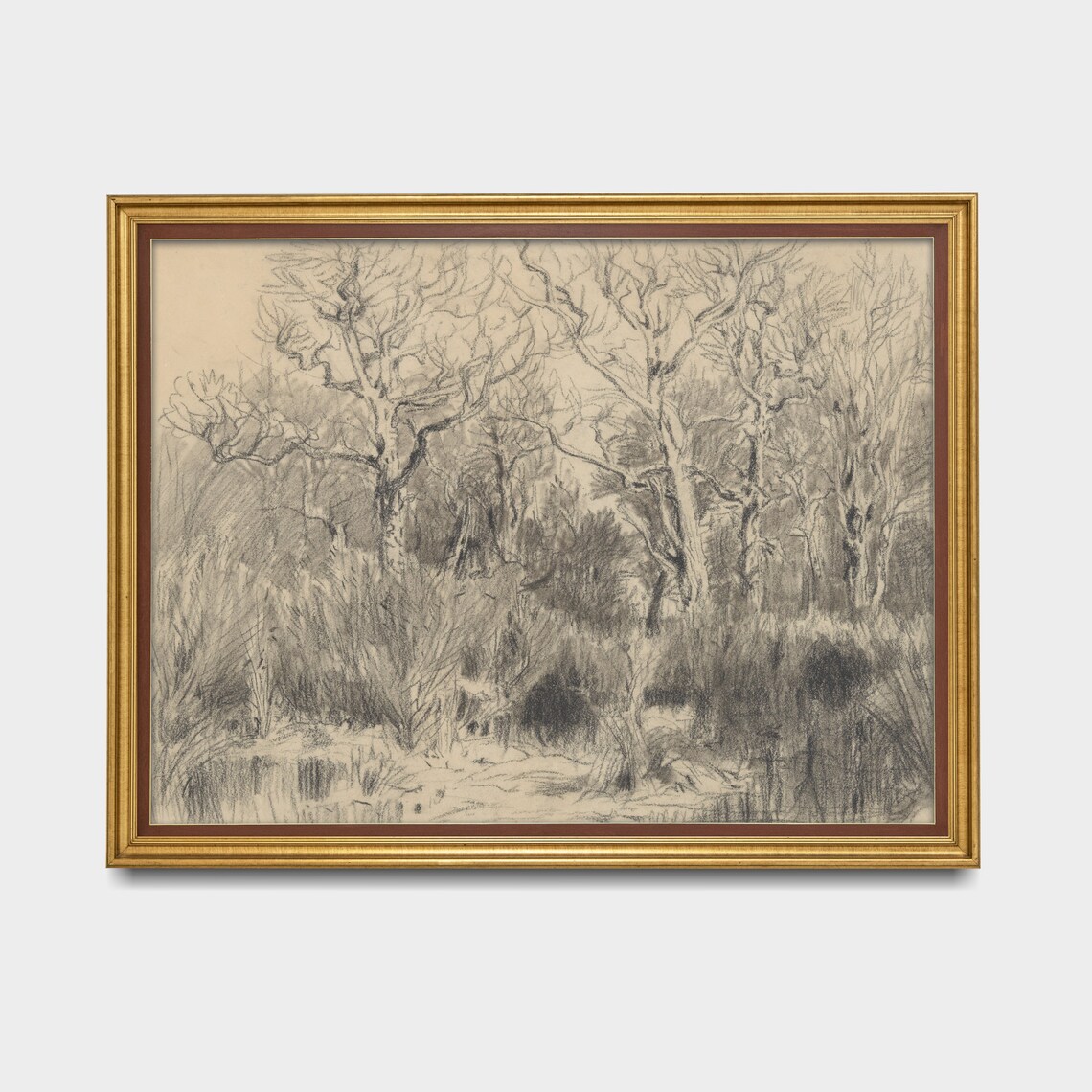 Pencil Sketch of Bare Winter Trees in a Thicket on Beige Paper Poster - Image 3
