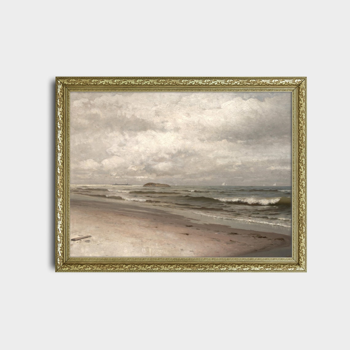Muted Sandy Beach with Gentle Waves Cloudy Sky Vintage Seascape Print - Image 2